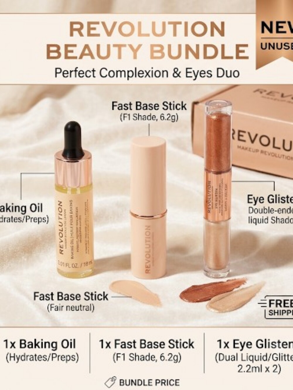 Revolution Beauty 3-Piece Bundle – Fast Base Stick (F1)Baking Oil & Eye Glister